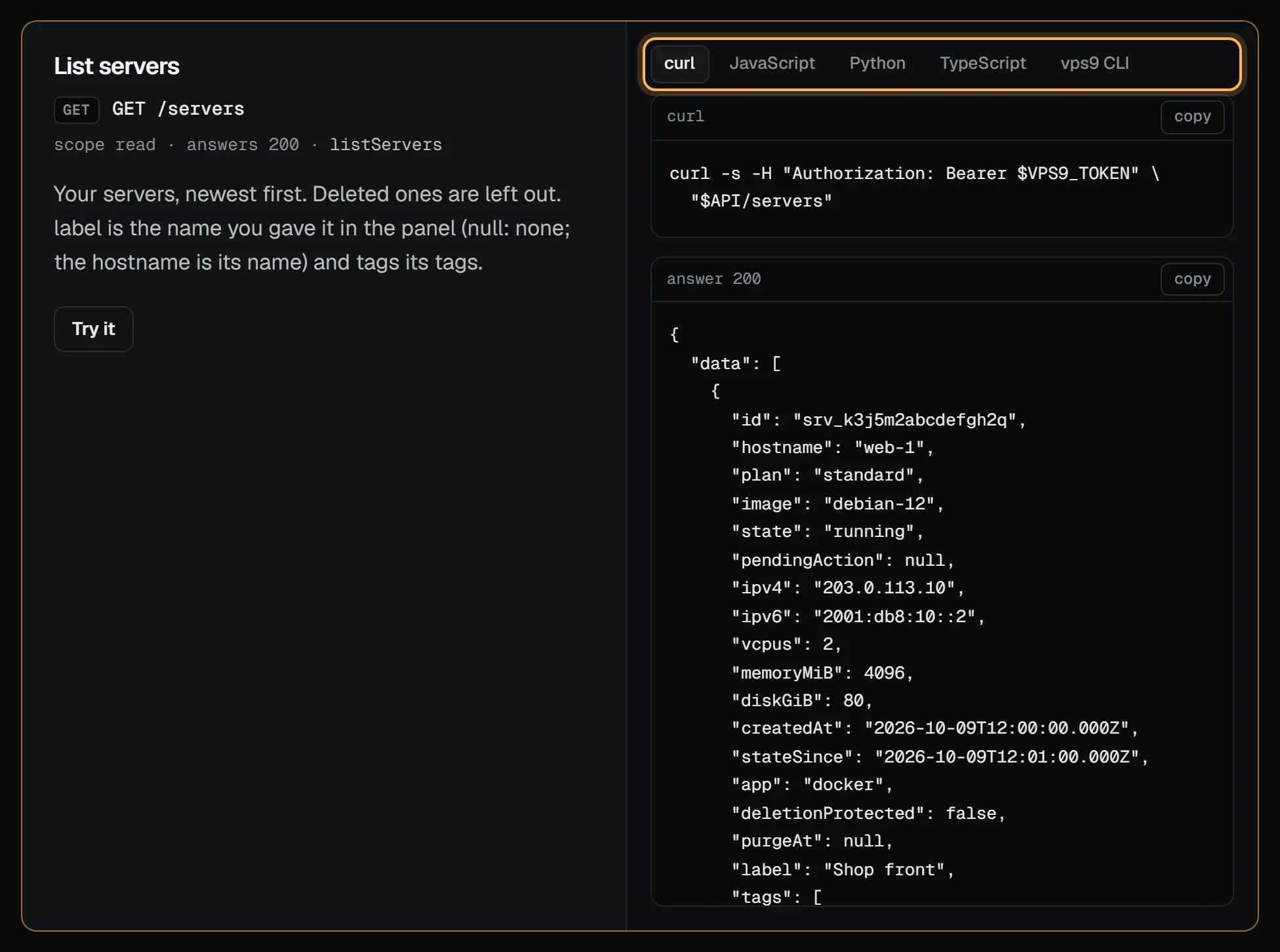 An endpoint in the API reference: List servers, with tabs for curl, JavaScript, Python, TypeScript and the vps9 CLI, and the example answer