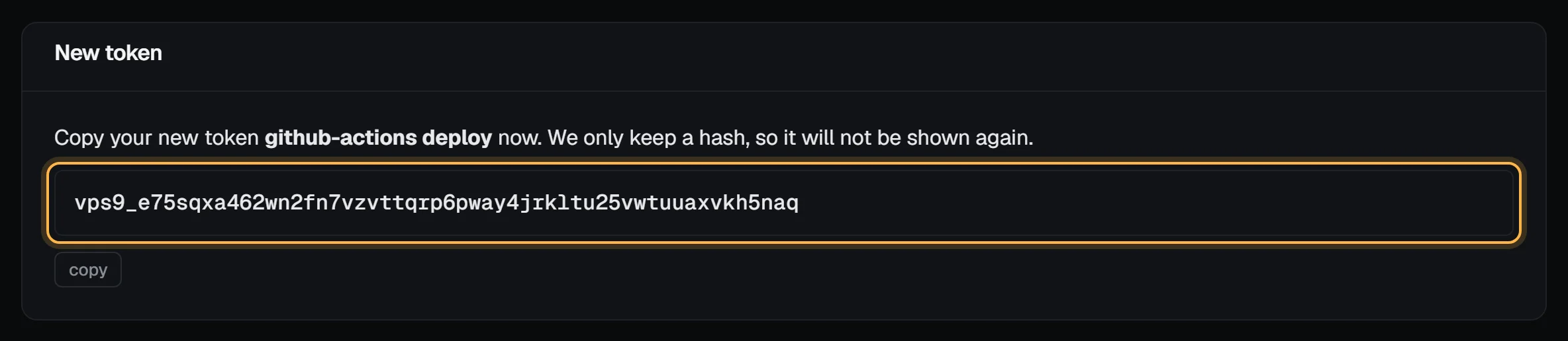 The New token box above the list, with the token text outlined and a copy button under it
