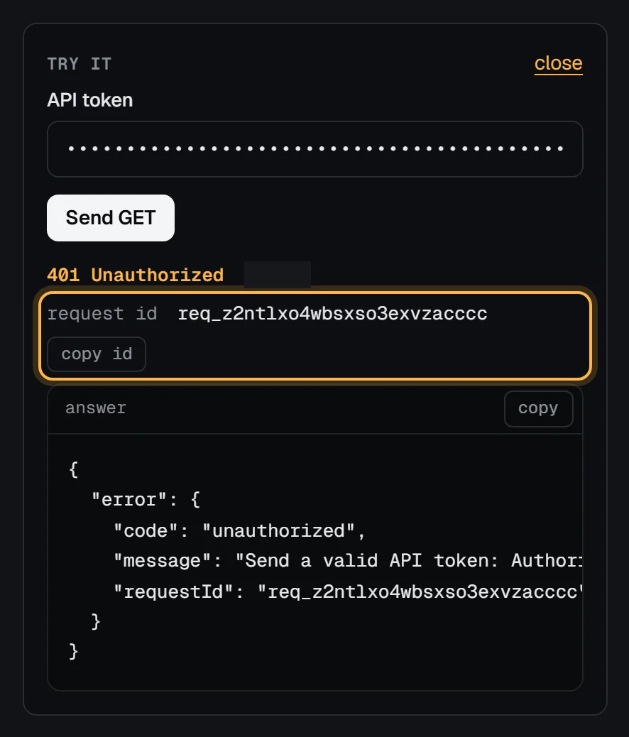 The Try it panel of List servers after sending a request with a revoked token: 401 Unauthorized, the request id with a copy id button, and the JSON error that repeats it