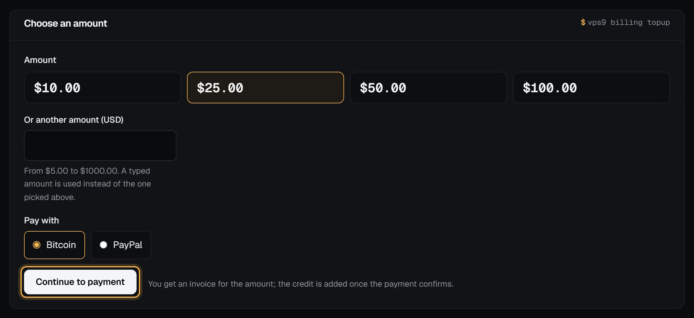 The Choose an amount form with $25.00 picked, a box for another amount, Bitcoin under Pay with, and the Continue to payment button outlined