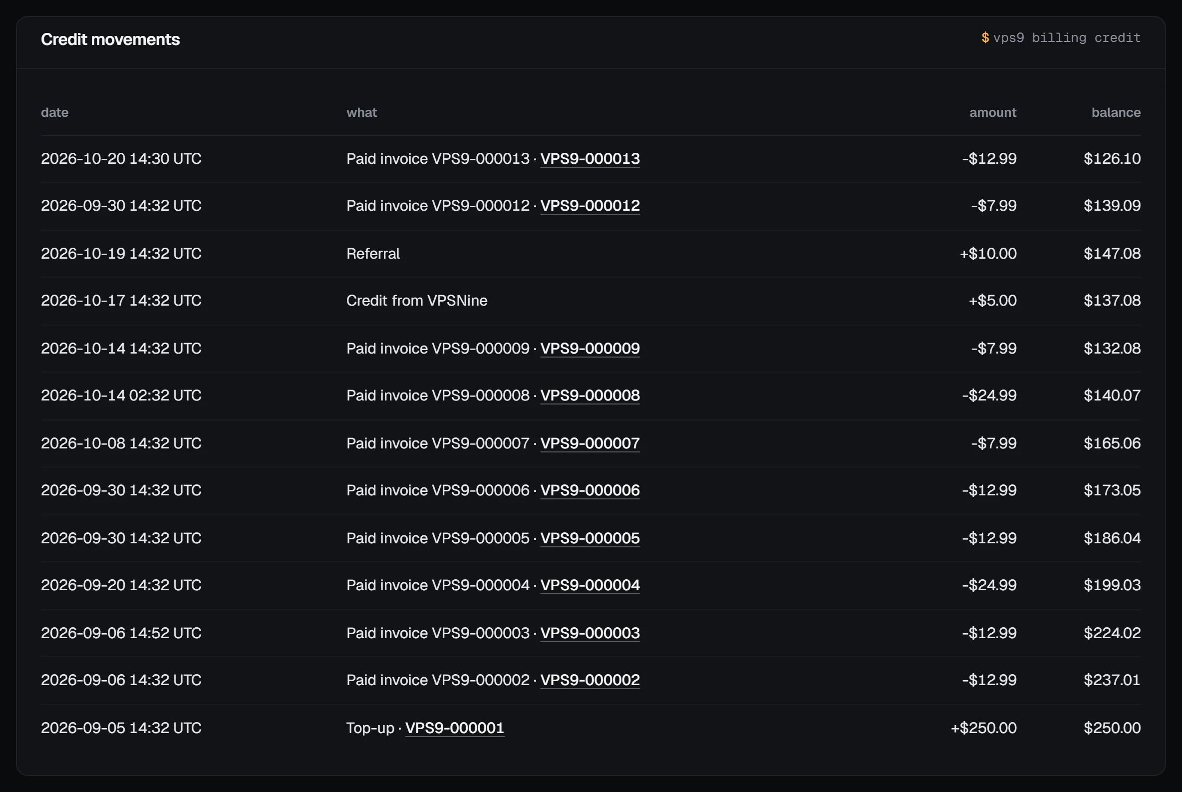The Credit movements table: invoices paid from credit, a $10.00 referral, $5.00 credit from VPSNine and the $250.00 top-up the balance started from, each with the balance after it