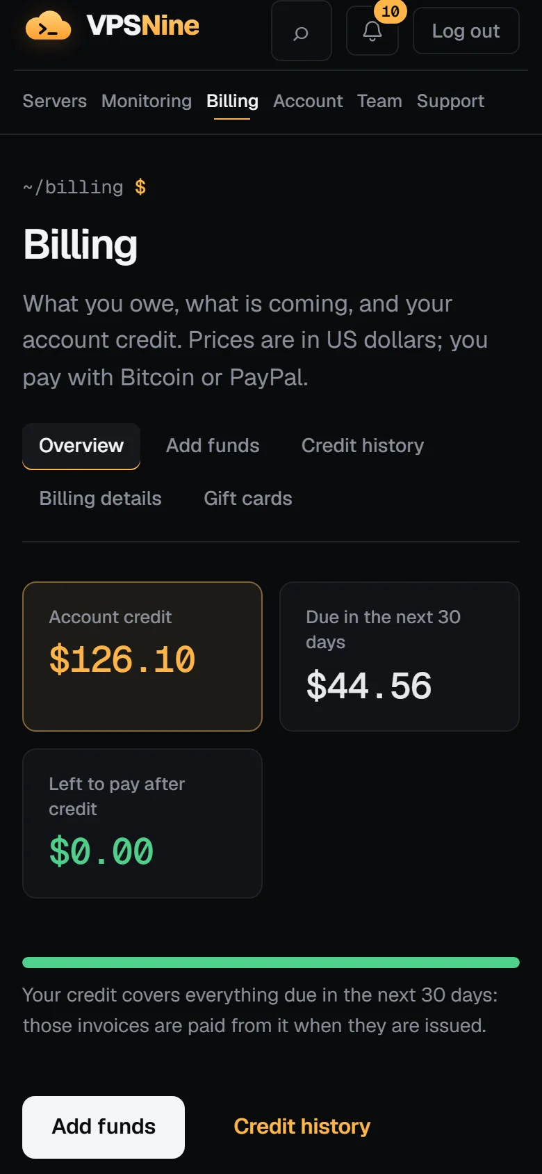 The billing overview on a phone, with the three boxes on two rows, the coverage bar and the Add funds button under them