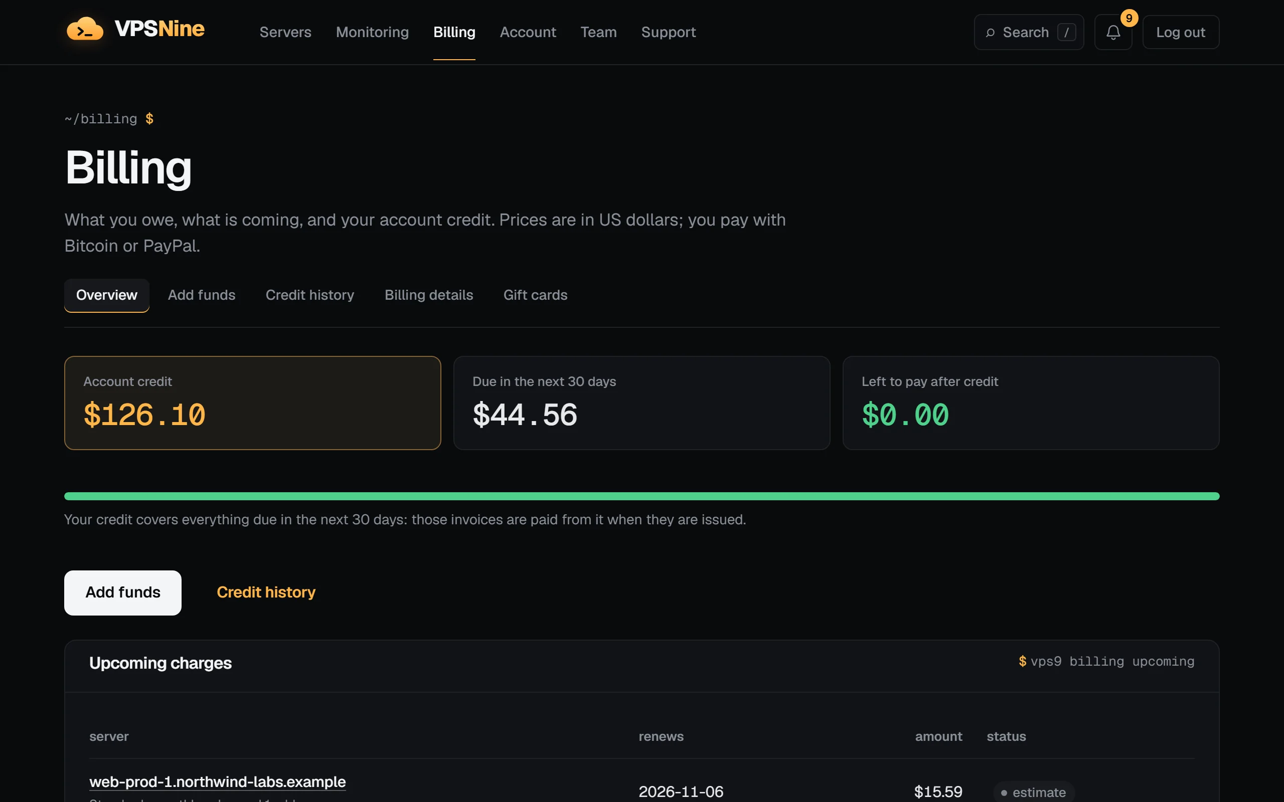 The billing overview with account credit of $126.10, $44.56 due in the next 30 days and $0.00 left to pay after credit, above a full green bar