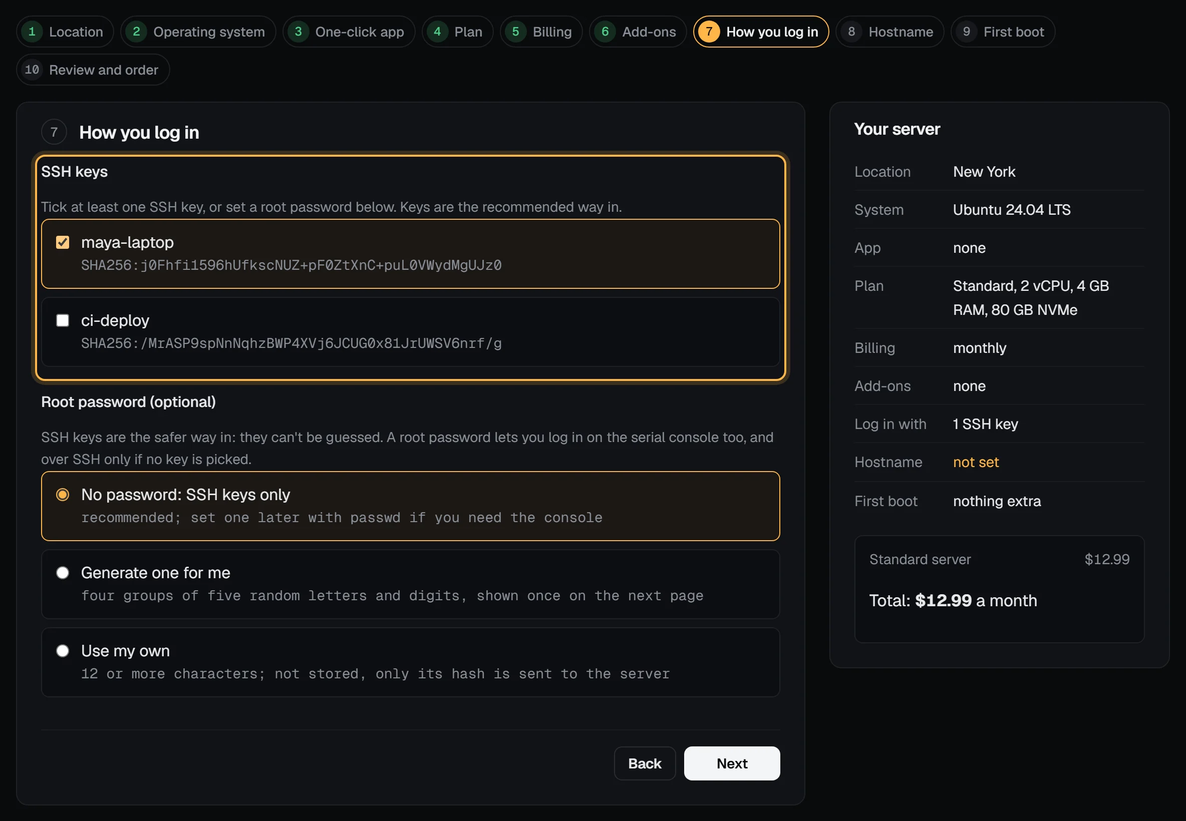 The How you log in step of the order form: the SSH key maya-laptop ticked, and below it the root password choices No password: SSH keys only (picked), Generate one for me and Use my own