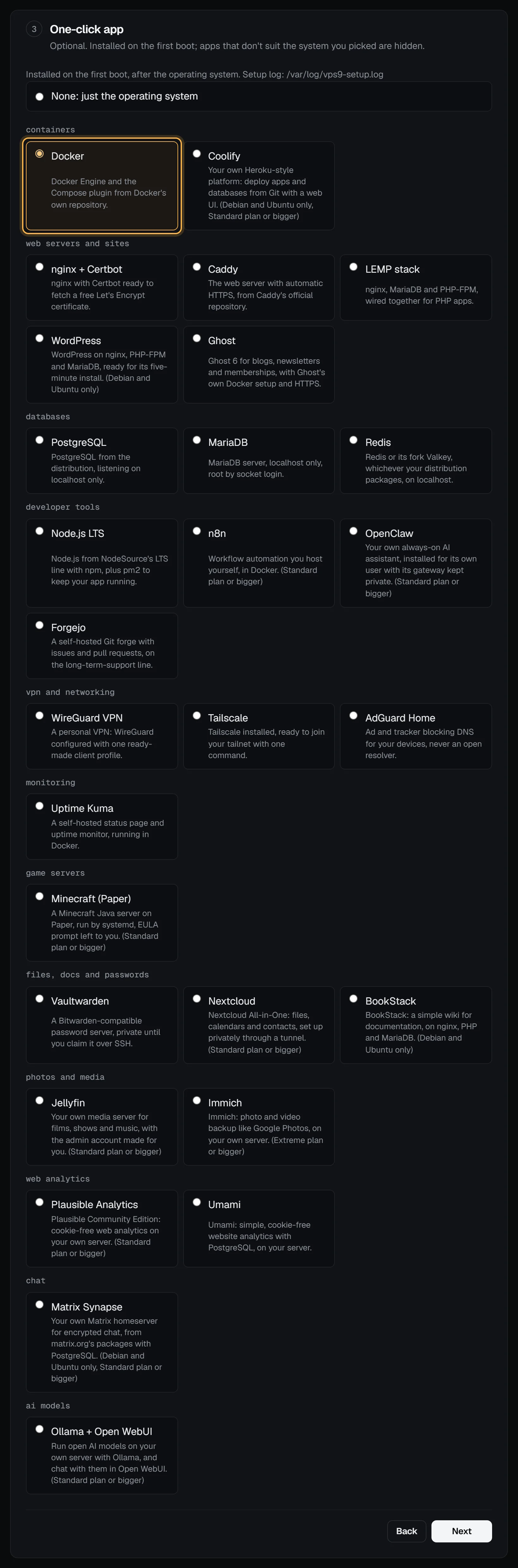 The one-click app step with Docker picked, above the other apps grouped as containers, web servers and sites, databases, developer tools, VPN and networking, monitoring, game servers and more, down to AI models