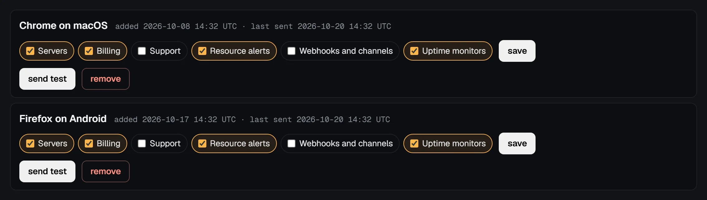 The push devices list: Chrome on macOS and Firefox on Android, each with the categories it gets, save, send test and remove