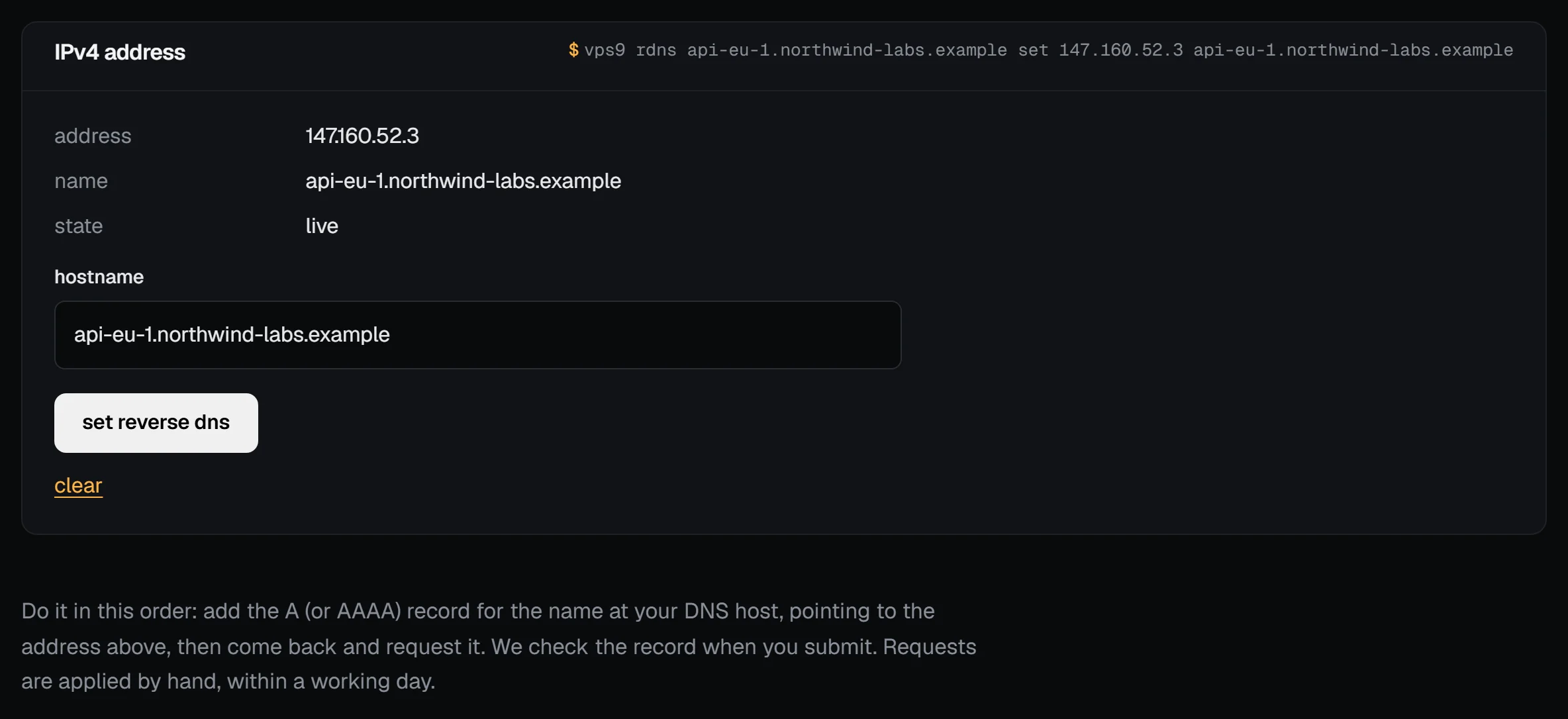 The Reverse DNS tab of api-eu-1.northwind-labs.example: the IPv4 box with its address, the name api-eu-1.northwind-labs.example, the state live, the hostname field, the set reverse dns button and the clear link