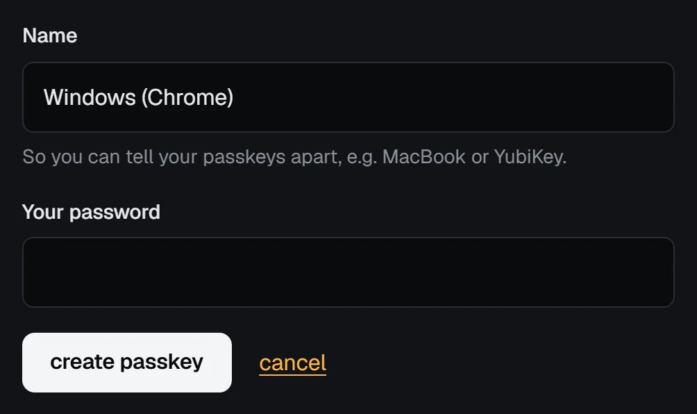 The add a passkey form with the name Windows (Chrome) suggested, the password field, and the create passkey button