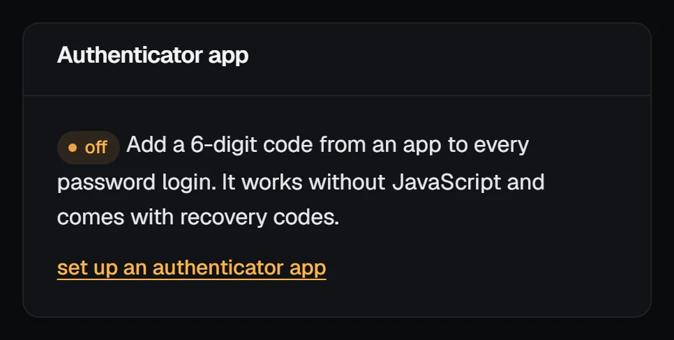 The Authenticator app box marked off, saying it adds a 6-digit code to every password login and comes with recovery codes, with the set up an authenticator app link