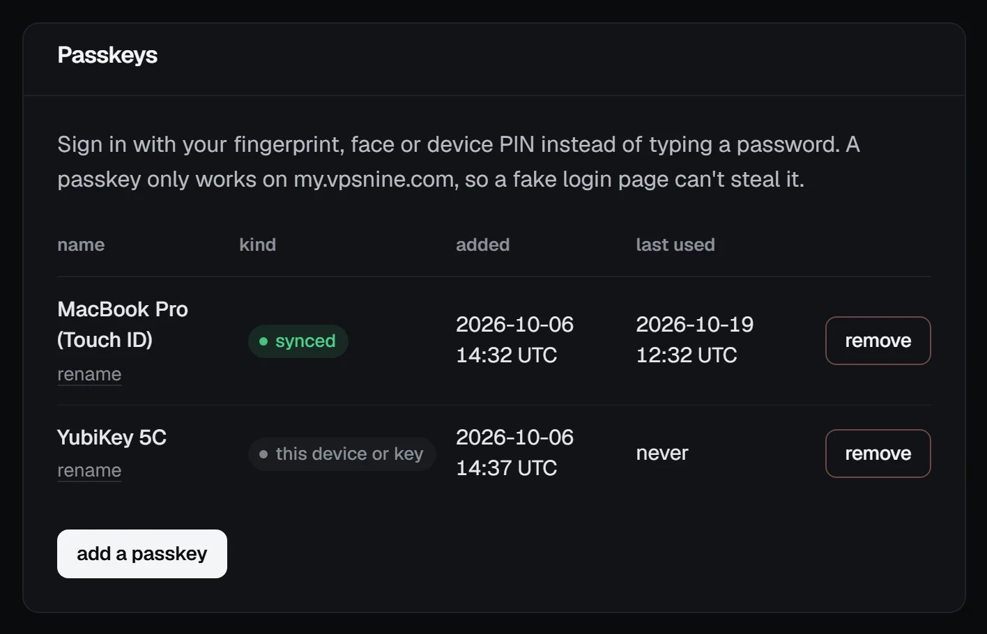 The Passkeys list with MacBook Pro (Touch ID), marked synced, and YubiKey 5C, marked this device or key, each with the date added, last used, rename and remove