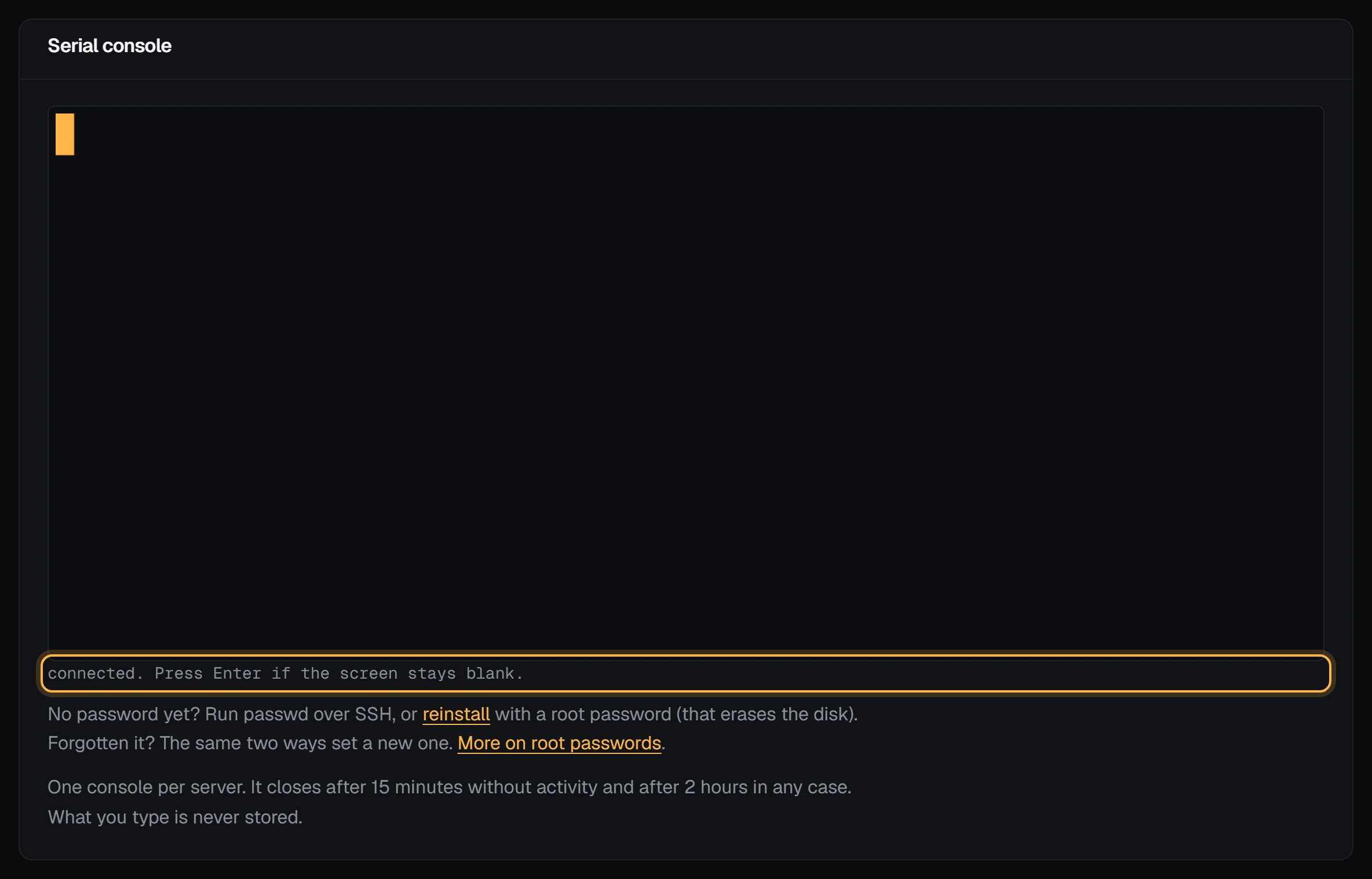 The Console tab of web-prod-1.northwind-labs.example: an empty terminal with its cursor, the status line saying connected and press Enter if the screen stays blank, and notes on setting a password and the session limits