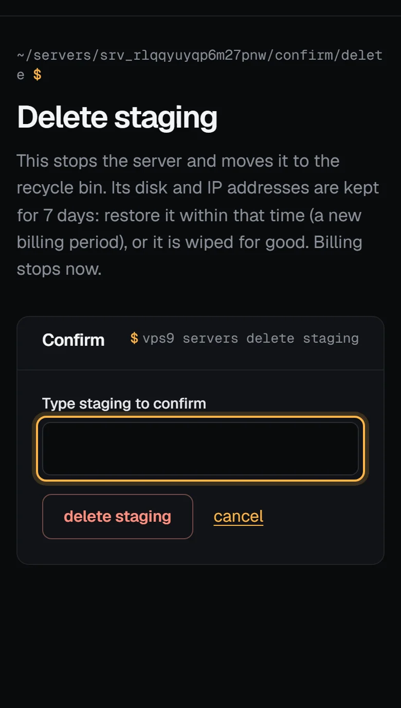 The delete page for the server staging on a phone, saying the server goes to the recycle bin for 7 days, with the box to type staging to confirm highlighted above the delete staging button