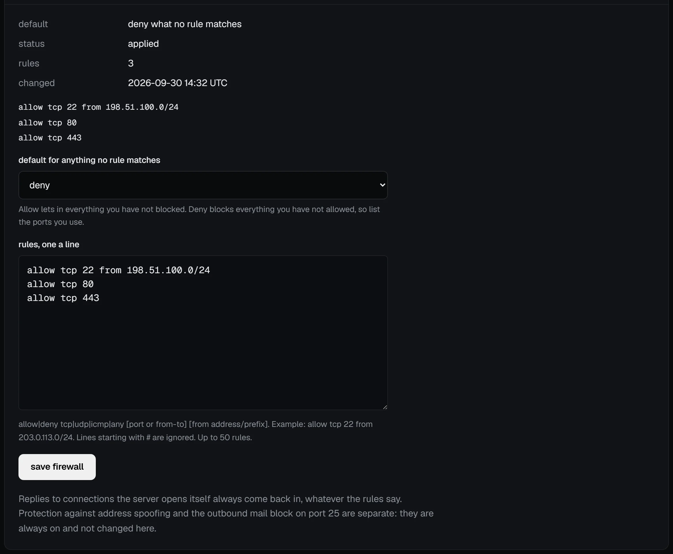 The Firewall tab of web-prod-1.northwind-labs.example: default deny, status applied, three rules, the rules allow tcp 22 from 198.51.100.0/24, allow tcp 80 and allow tcp 443, the default menu, the rules box and the save firewall button