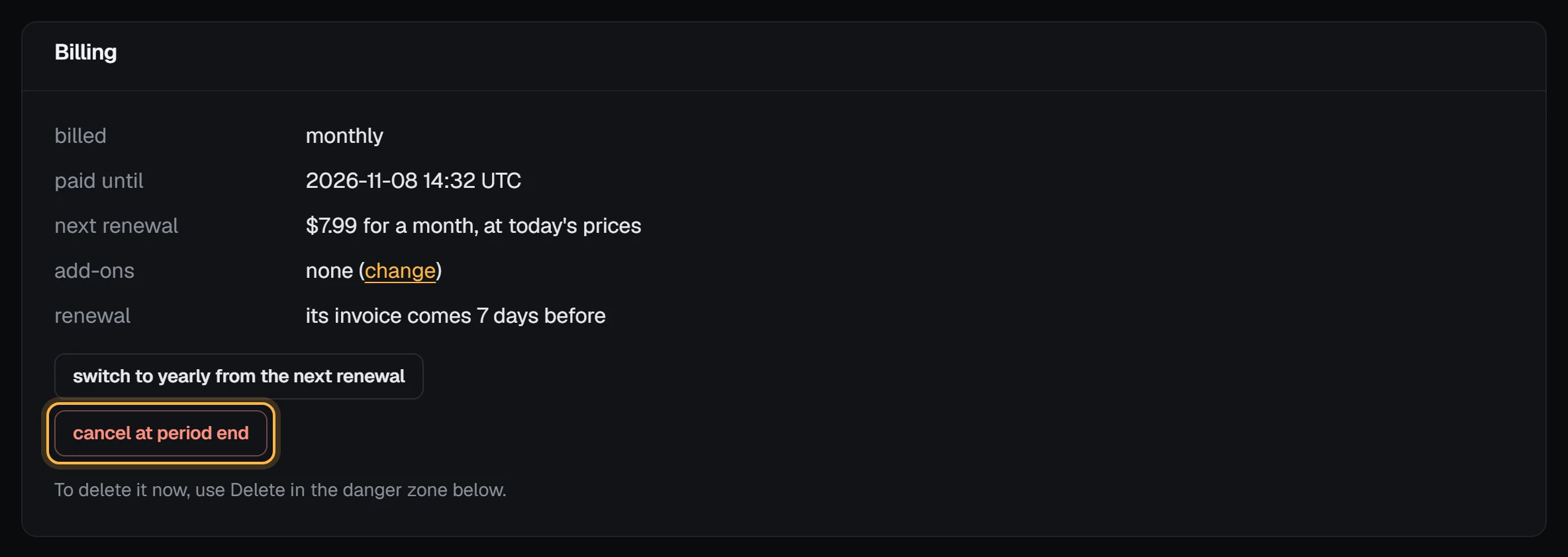 The Billing box of the server staging: billed monthly, paid until 2026-11-08, next renewal $7.99 for a month, no add-ons, the switch to yearly button and the cancel at period end button highlighted