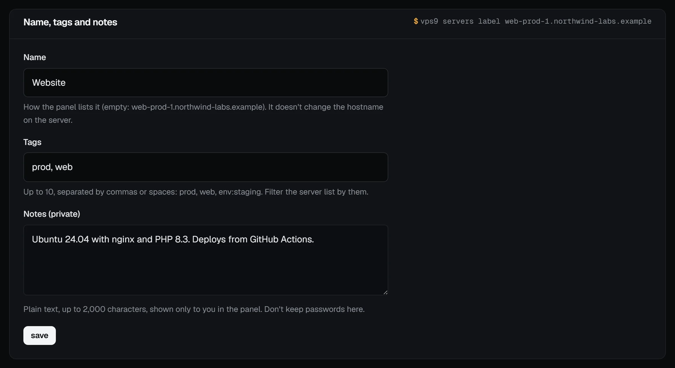 The Name, tags and notes form of web-prod-1.northwind-labs.example with the name Website, the tags prod and web, a private note about nginx and PHP 8.3, and the save button