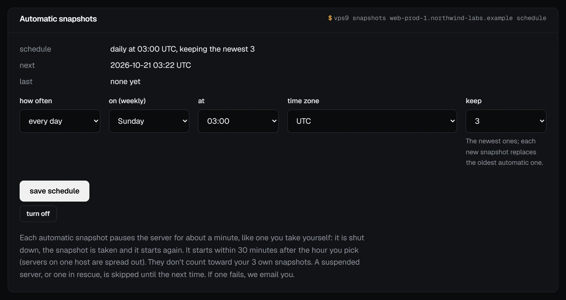 The Automatic snapshots box with a daily schedule at 03:00 UTC keeping the newest 3, its next run, and the save schedule button