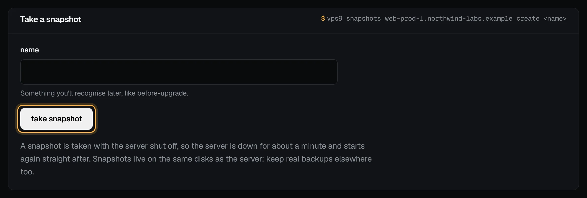 The Take a snapshot form on the Snapshots tab, with a name field and the take snapshot button highlighted