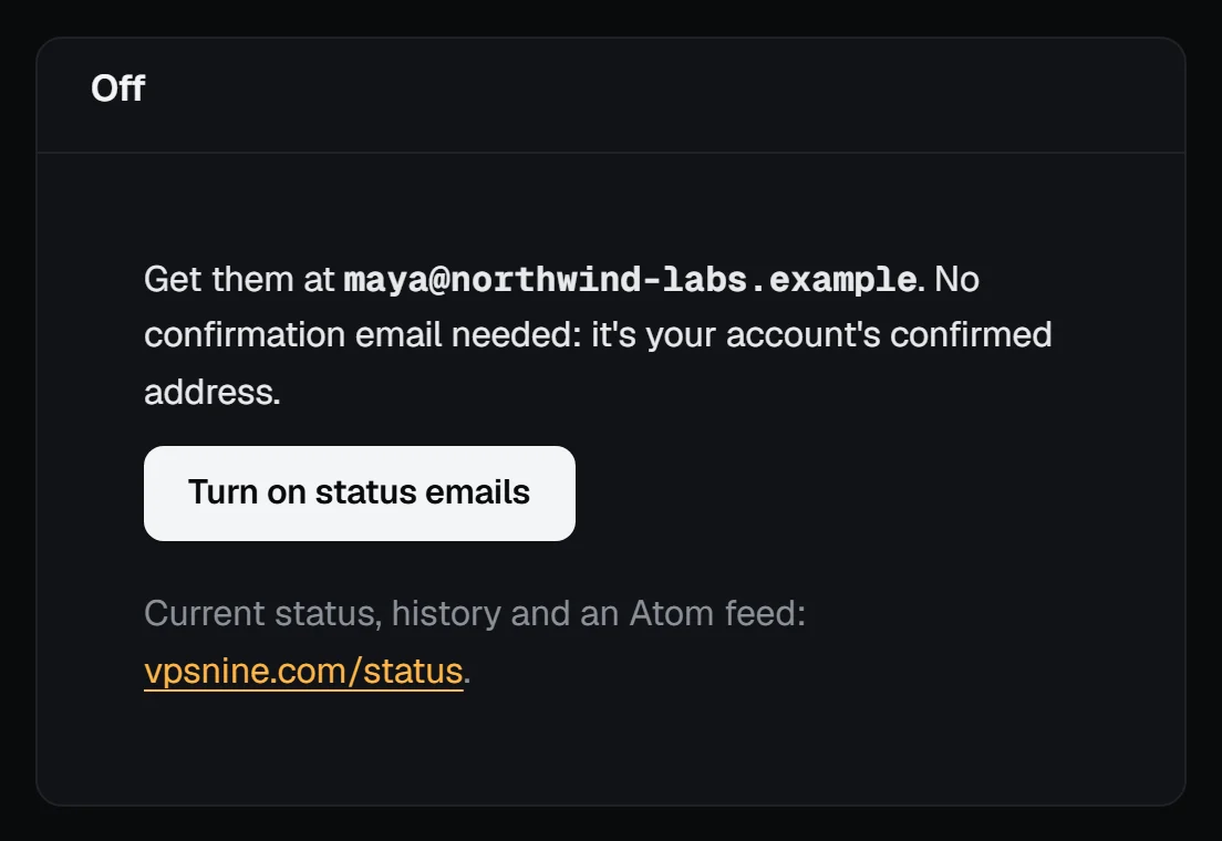 The Status emails page, off, saying the emails go to the account's confirmed address with no confirmation email needed, and the Turn on status emails button
