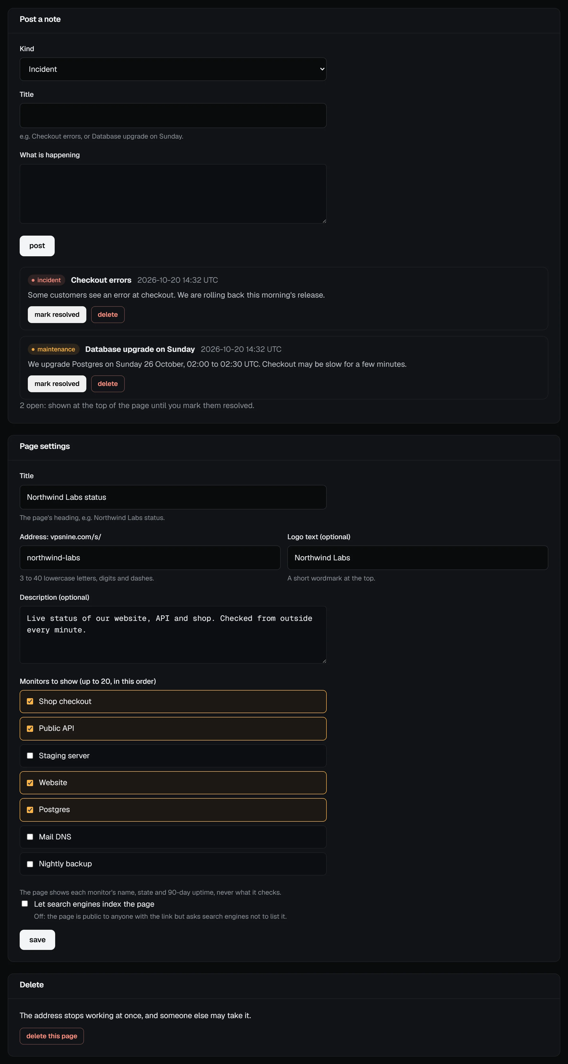 The status page editor with the note form, the posted notes and the page settings