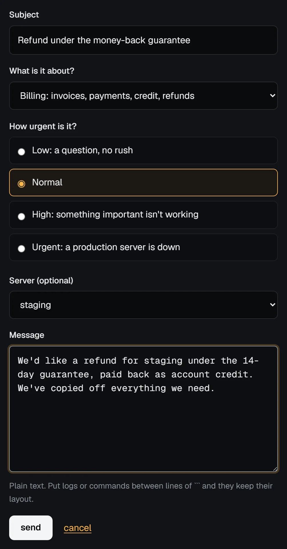 The new ticket form with the subject Refund under the money-back guarantee, the Billing category, the server staging and a message asking for the refund as account credit