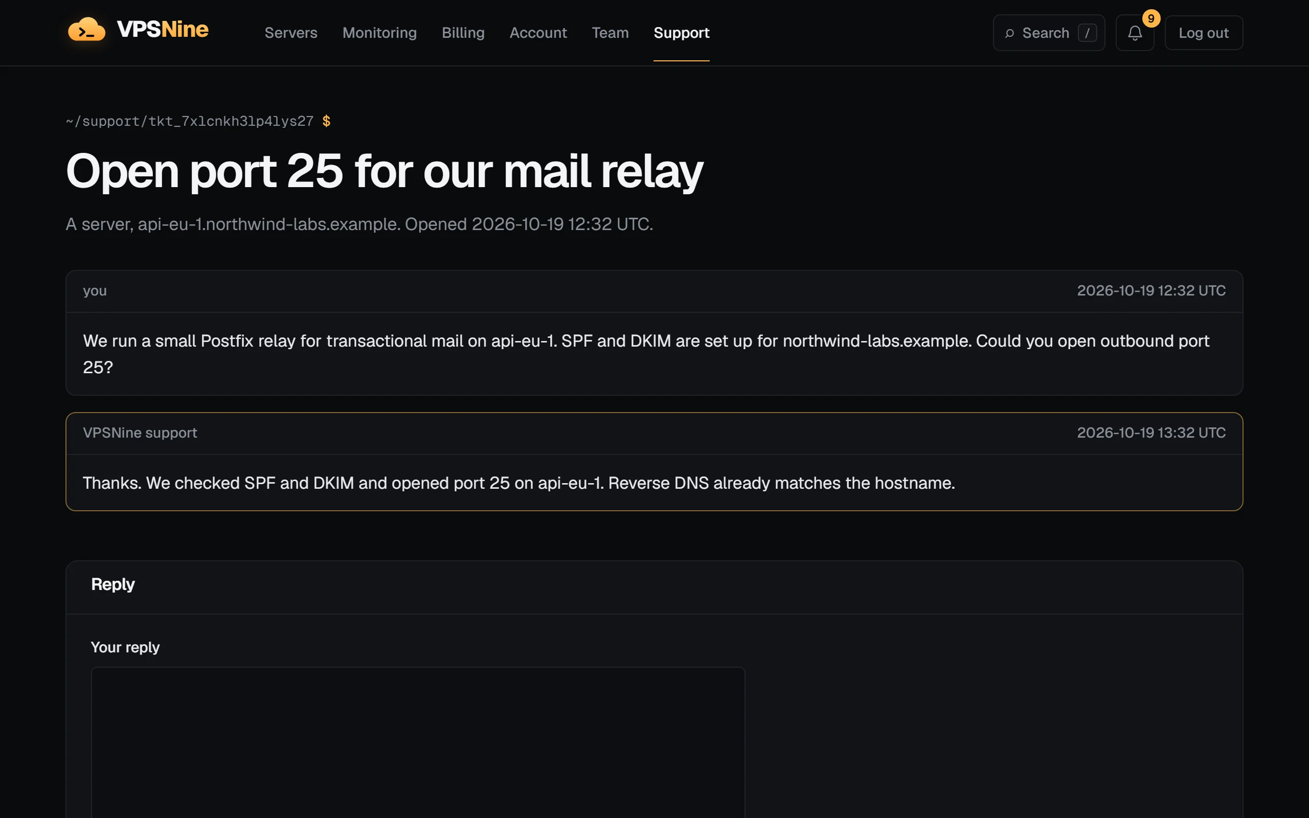 A ticket thread: the customer's request to open port 25 on api-eu-1 and the VPSNine support reply, with the reply box below