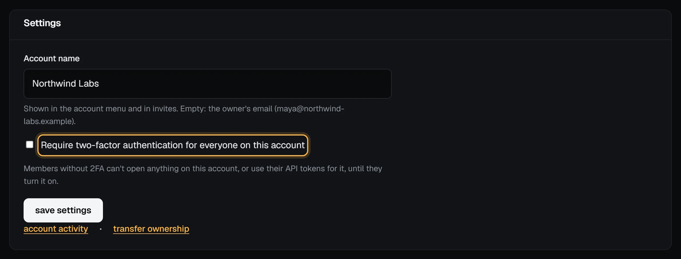 The team Settings box with the account name Northwind Labs and the Require two-factor authentication for everyone on this account checkbox outlined