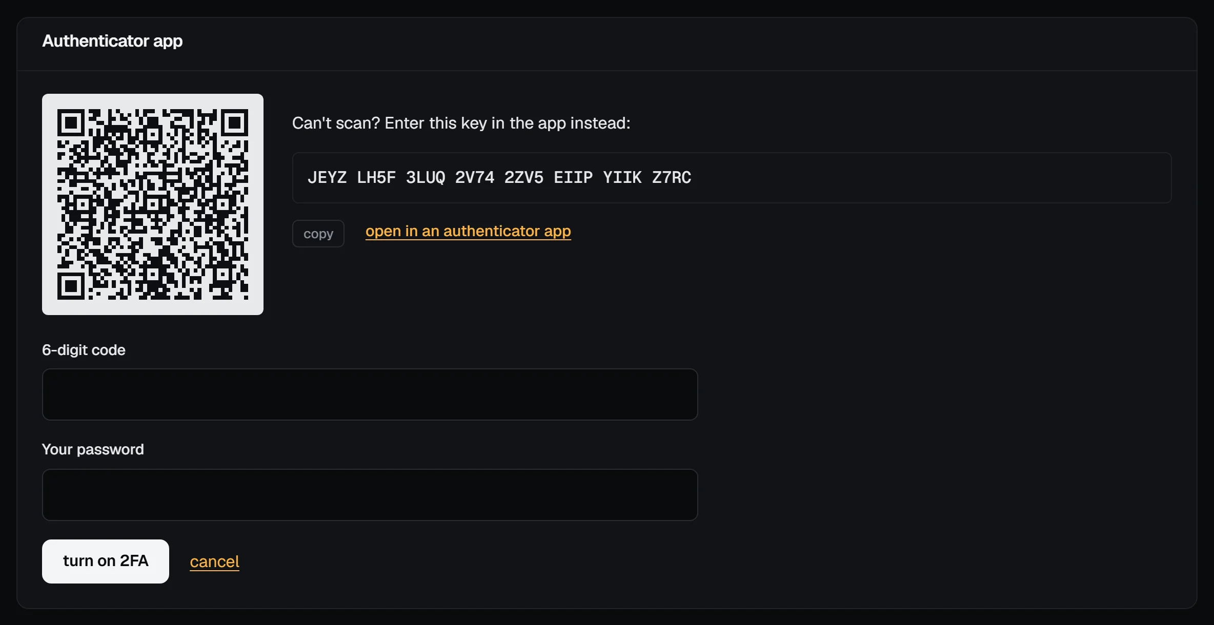 The 2FA setup page with a QR code, the key to type in by hand with a copy button, an open in an authenticator app link, and the 6-digit code and Your password fields